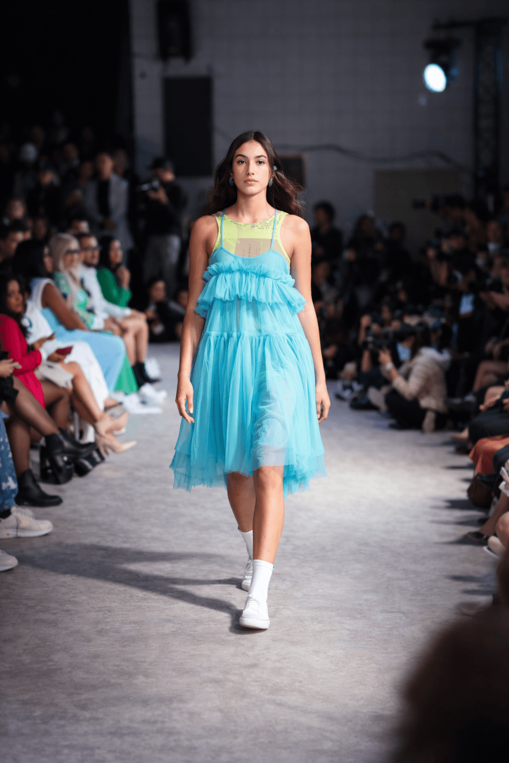 Turquoise and neon layered tulle dress