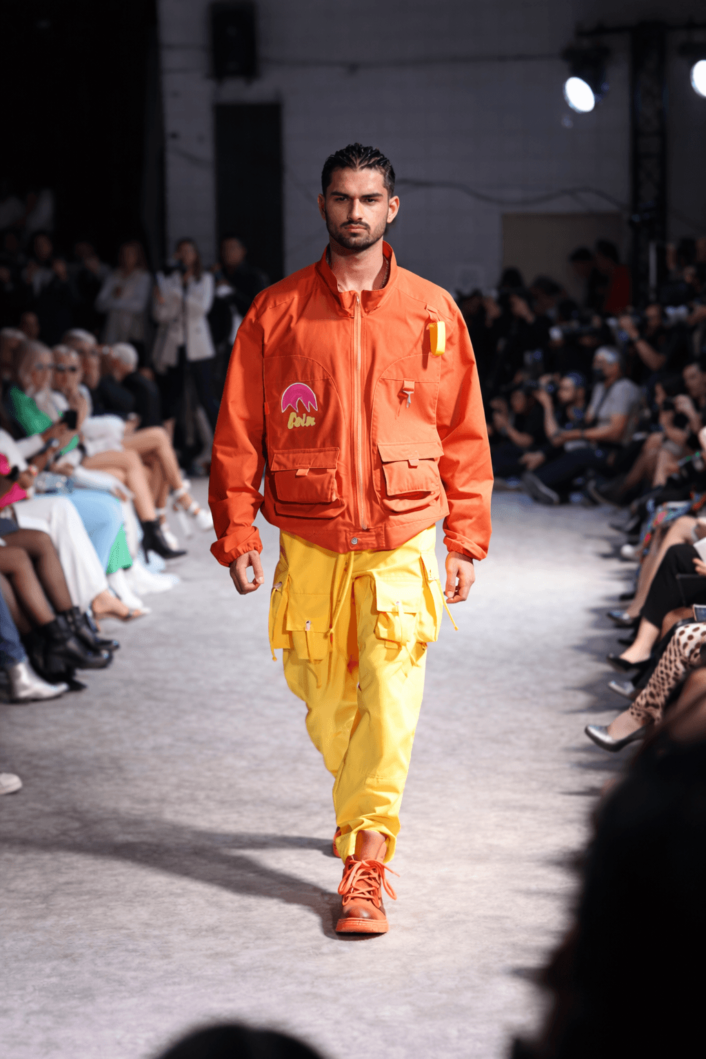 Bright orange and yellow streetwear ensemble