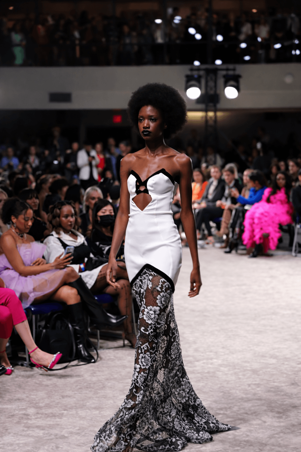 White gown with black lace detailing