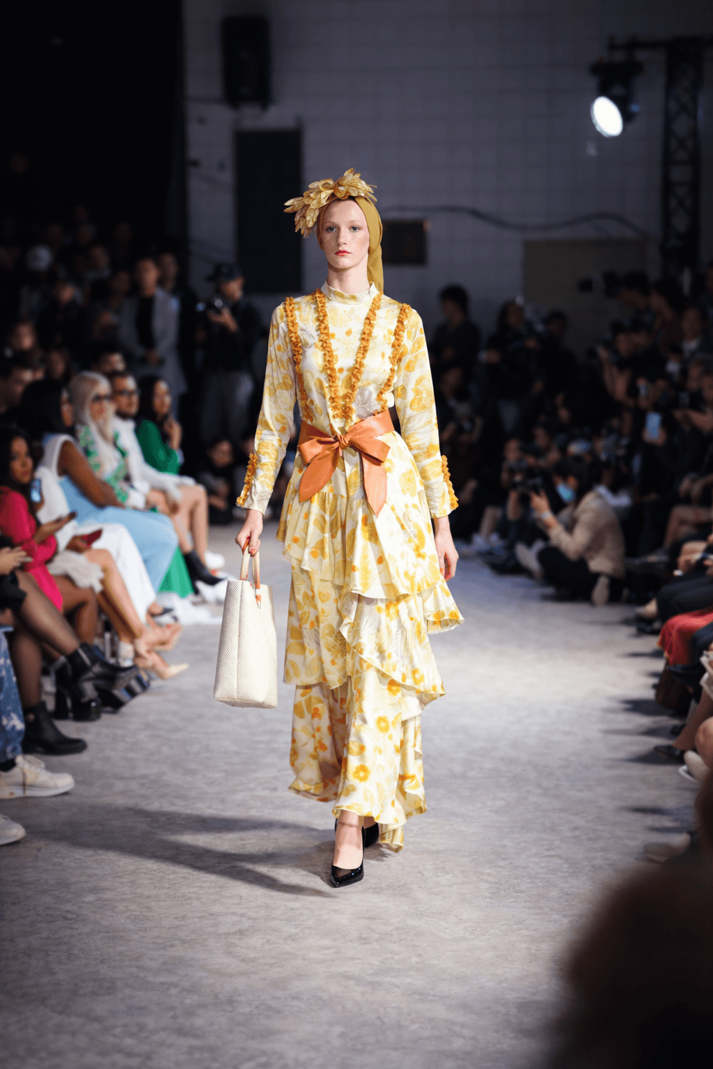 White tulle dress with colorful floral bodice