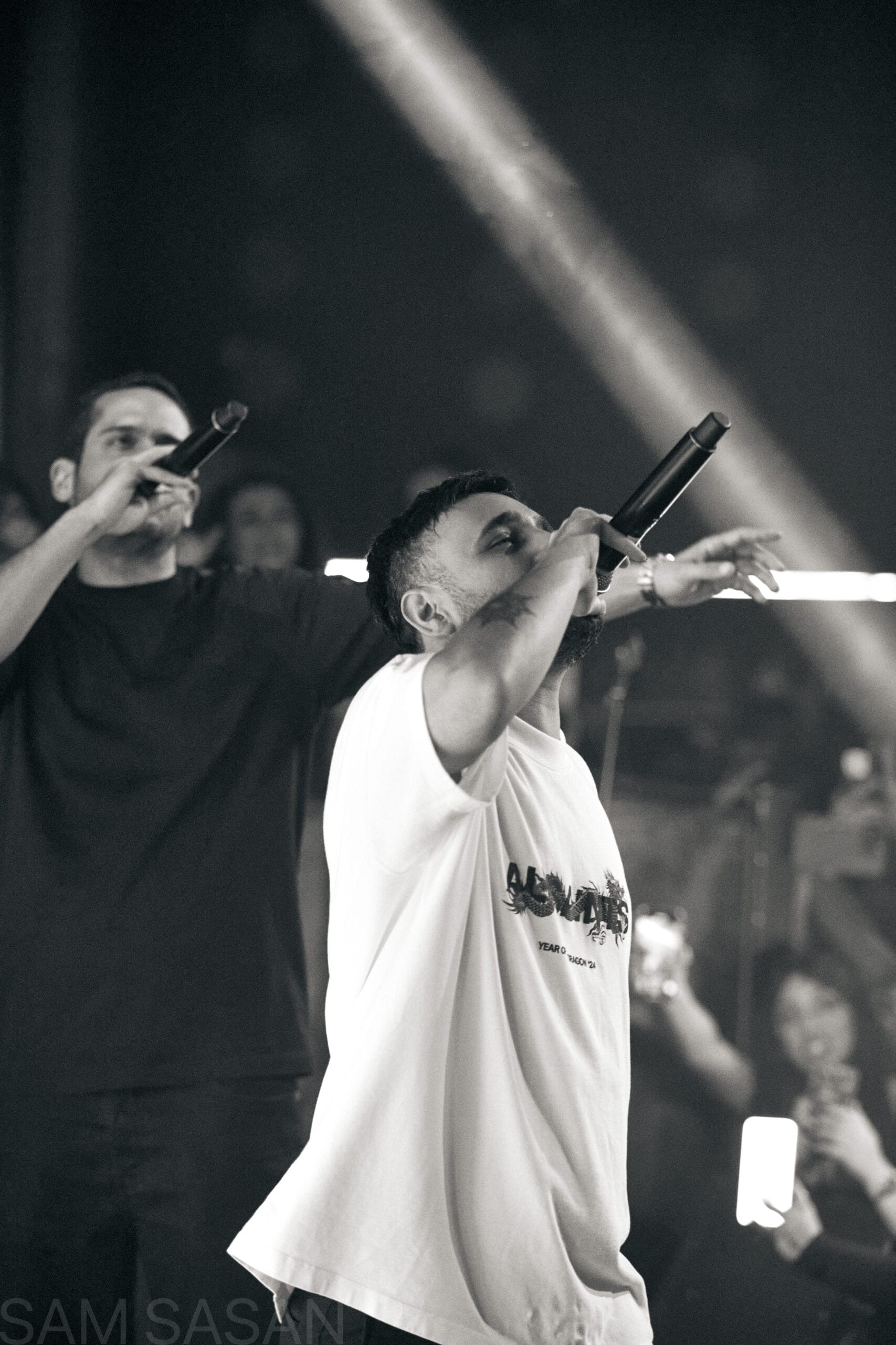 Dynamic black and white shot of a duo performing live